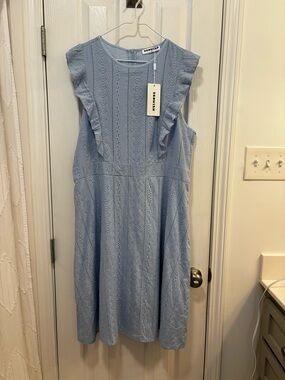 Light Blue Eyelet Ruffle Midi Dress, XL, Lined Skirt